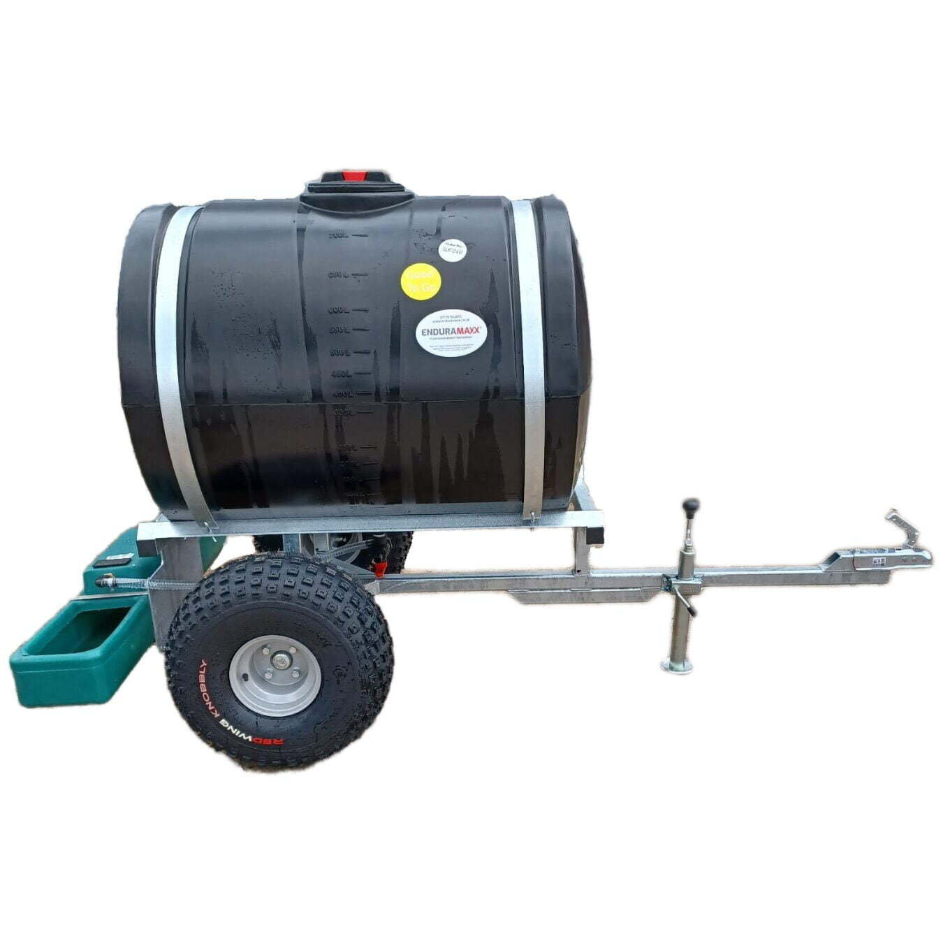 A mobile livestock water bowser with a black 750-litre tank on a galvanised trailer and trough, shown as an example of the type of unit farmers need to protect from freezing in cold weather.