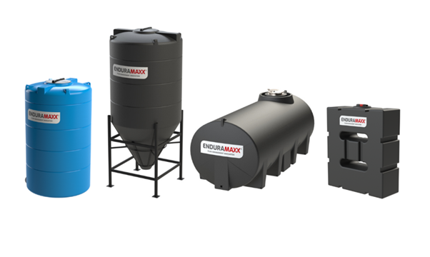 A selection of Enduramaxx rotationally moulded tanks in various shapes and sizes, designed for industrial effluent water storage and treatment.