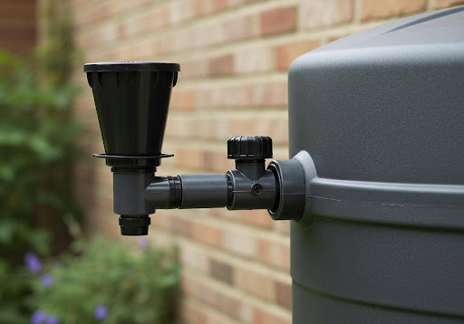 A close-up of a dark grey water butt with a black diverter kit attached, positioned against a light brown brick wall, a common domestic setup for this type of tank.